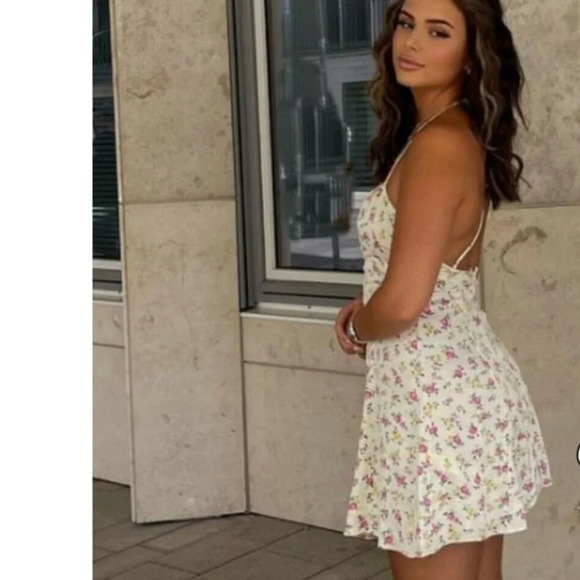 Zara Ditsy Floral Open Back  Mini Slip Dress Yellow Pink Rose NWOT Size Large - Picture 4 of 14